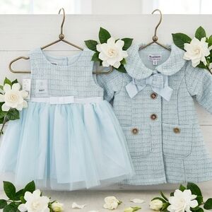 Blueberi Boulevard Light Blue Sparkle Tweed Dress & Coat Set, S6/8m, NWT